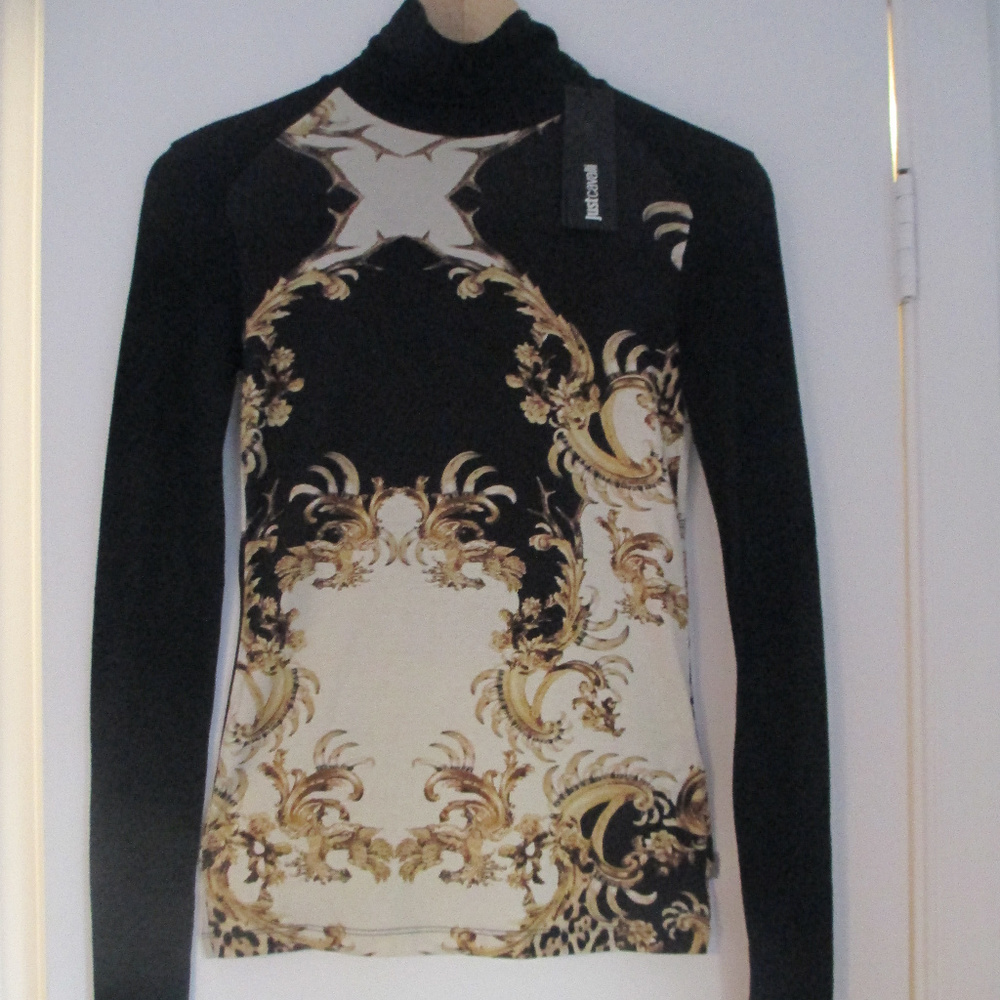Just Cavalli, Bold Print, Designer Turtleneck, Long Sleeve Top, Size XS